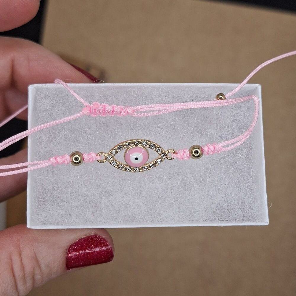 Pink adjustable evil eye string protection rhinestone bracelet